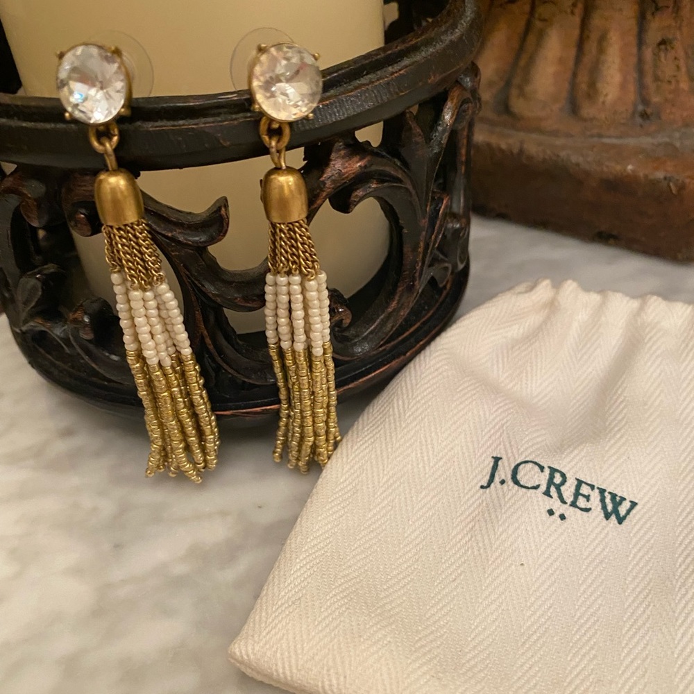 J.Crew Gold/Cream Beaded Tassel Drop Earrings